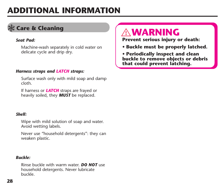 Warning, Additional information | Graco Assura ISPC116BA User Manual | Page 30 / 68