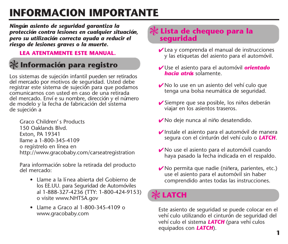 Informacion importante, Información para registro, Lista de chequeo para la seguridad | Latch | Graco Assura ISPC116BA User Manual | Page 37 / 68