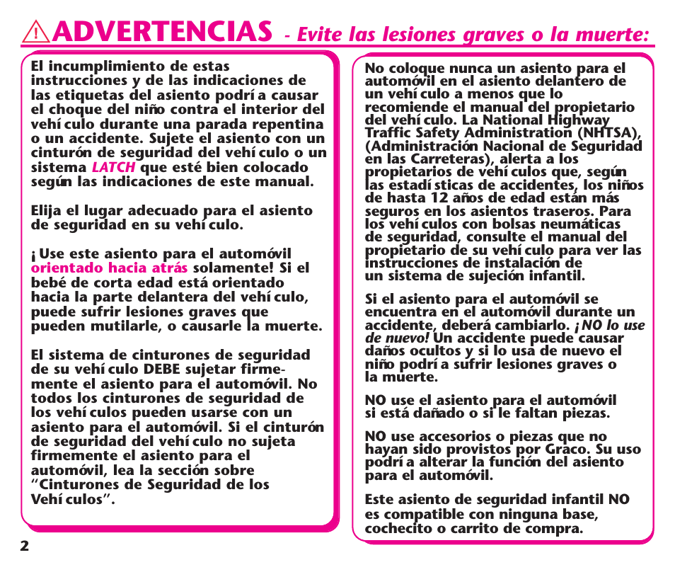 Advertencias, Evite las lesiones graves o la muerte | Graco Assura ISPC116BA User Manual | Page 38 / 68