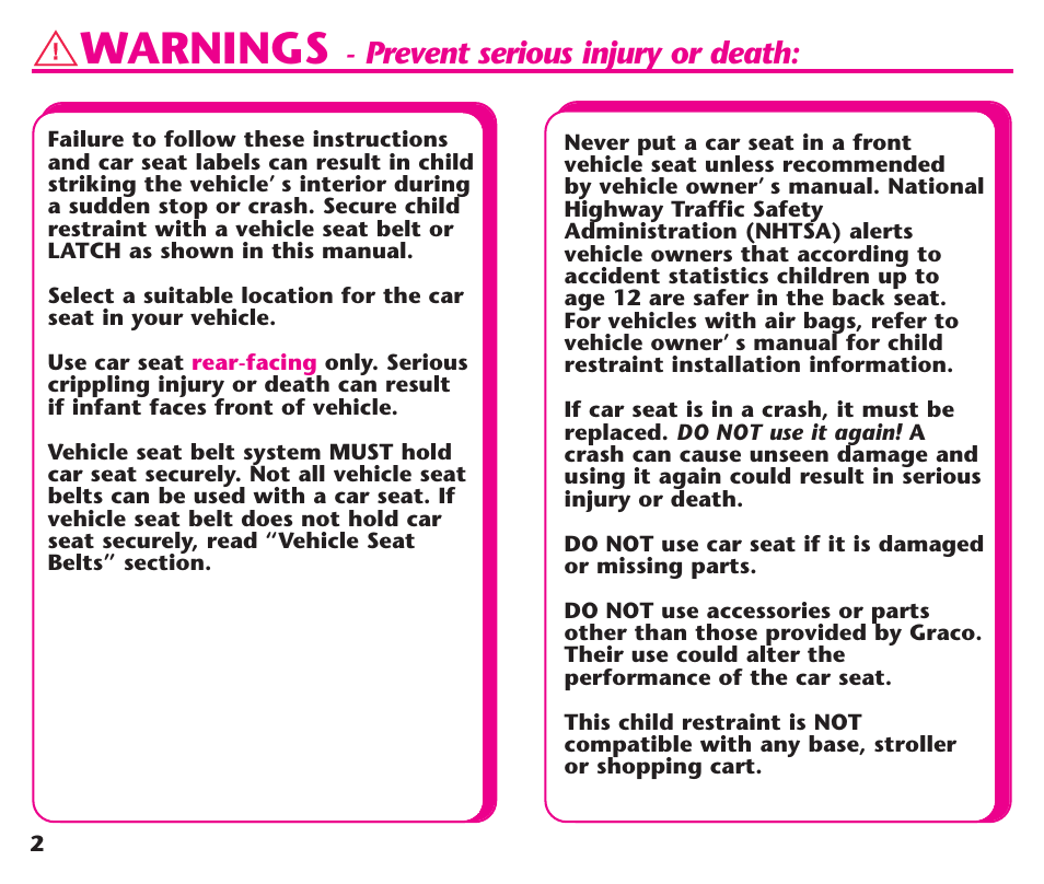 Warnings, Prevent serious injury or death | Graco Assura ISPC116BA User Manual | Page 4 / 68