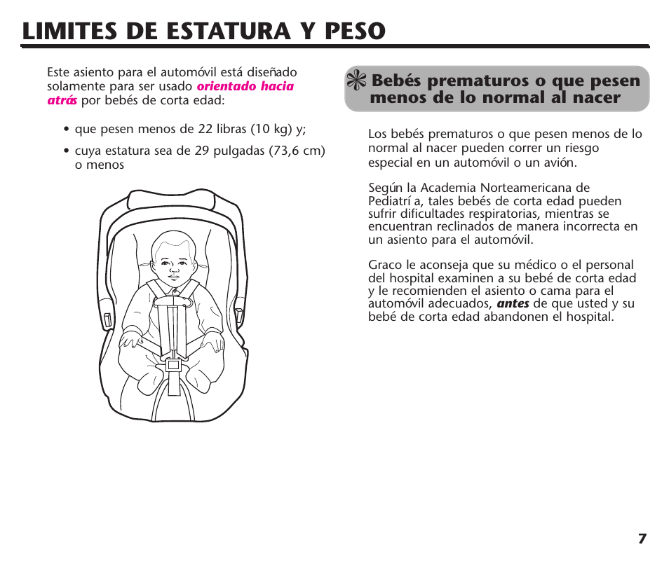 Limites de estatura y peso | Graco Assura ISPC116BA User Manual | Page 43 / 68