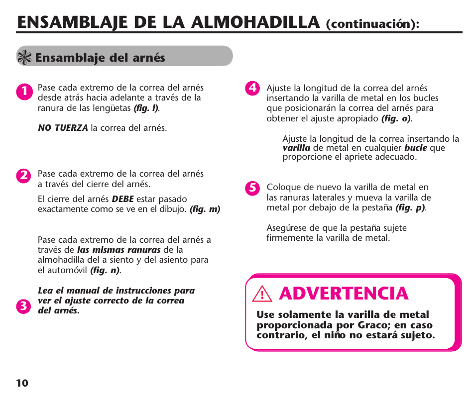 Advertencia, Ensamblaje de la almohadilla | Graco Assura ISPC116BA User Manual | Page 46 / 68