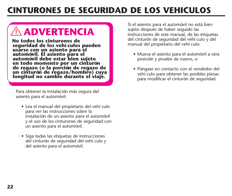Advertencia, Cinturones de seguridad de los vehiculos | Graco Assura ISPC116BA User Manual | Page 58 / 68