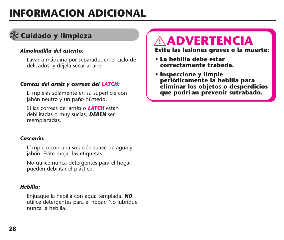 Advertencia, Informacion adicional | Graco Assura ISPC116BA User Manual | Page 64 / 68