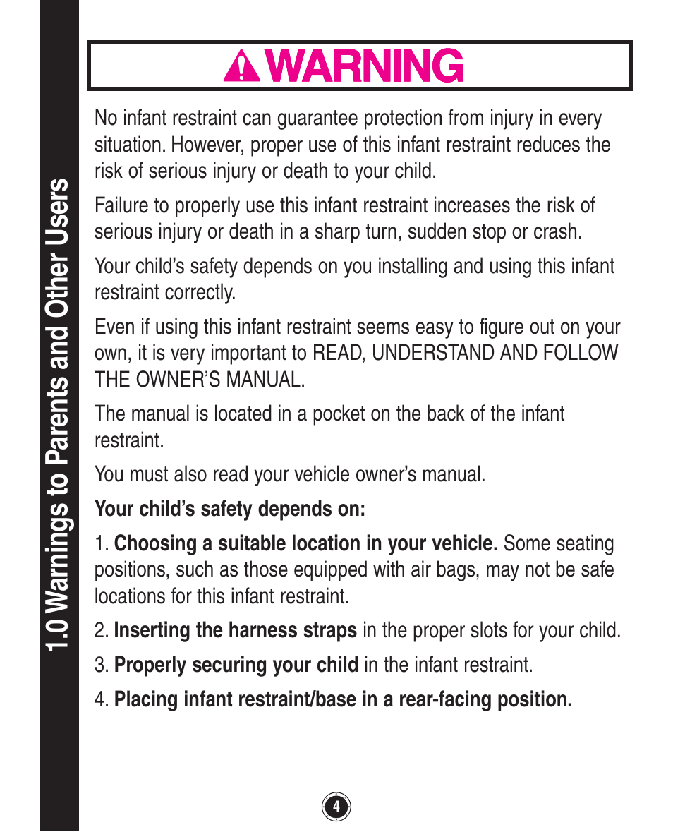 0 w ar ni ng s to pa re nt s an d o th er us er s | Graco Baby Accessories User Manual | Page 44 / 128