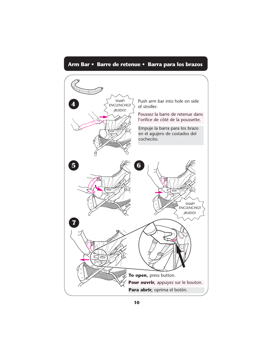 Arm bar • barre de retenue • barra para los brazos | Graco ISPA208AA User Manual | Page 10 / 32