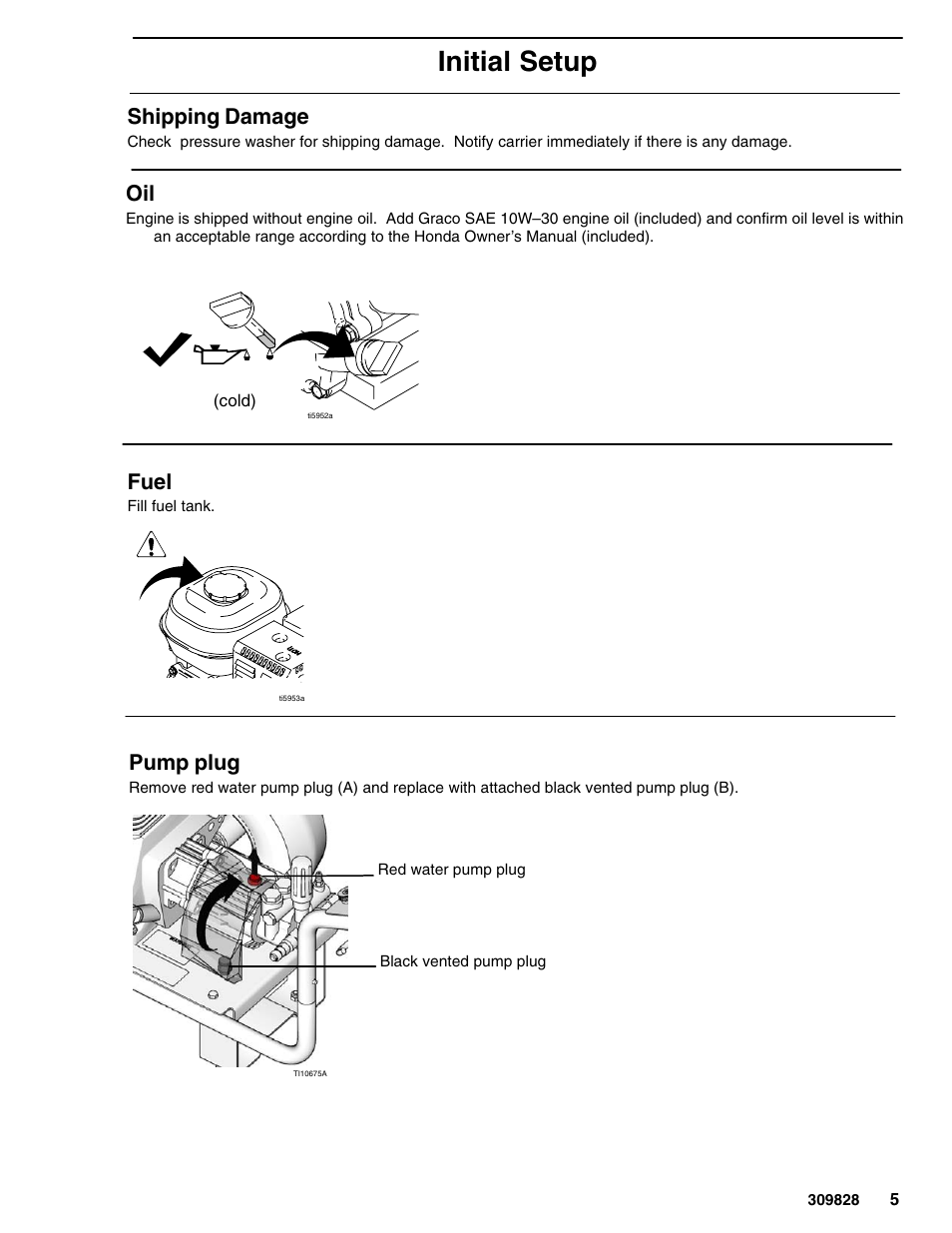 Initial setup, Shipping damage, Fuel | Pump plug | Graco 249065 User Manual | Page 5 / 28