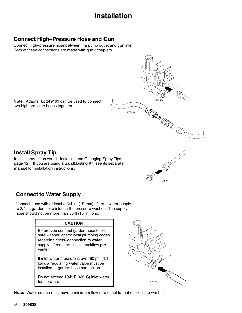 Installation, Connect high–pressure hose and gun, Install spray tip | Connect to water supply | Graco 249065 User Manual | Page 6 / 28