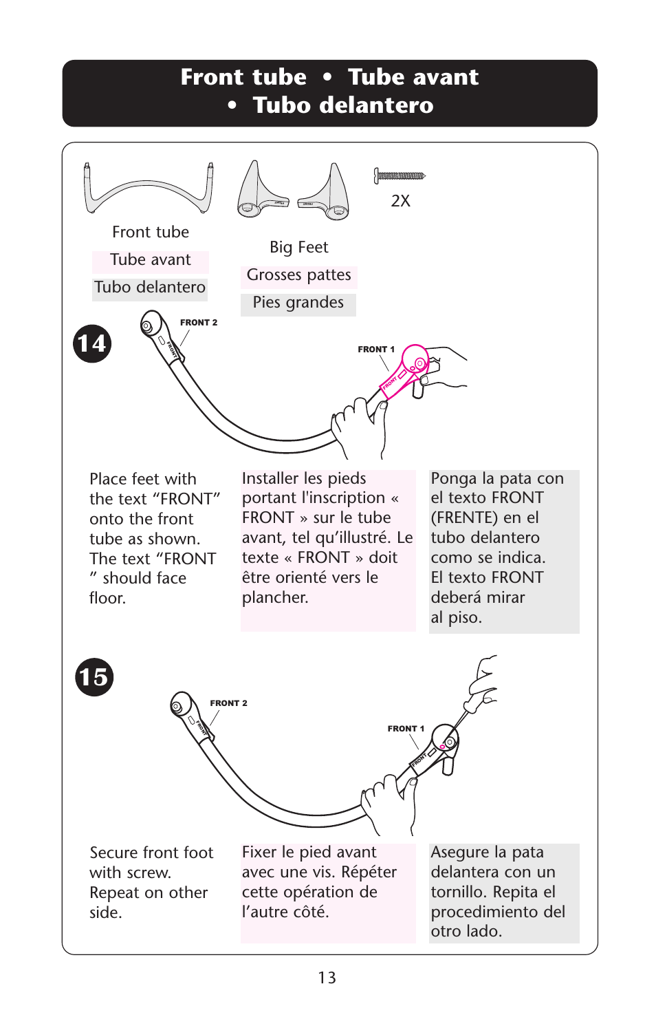 Front tube • tube avant • tubo delantero, Front tube tubo delantero tube avant, 2x big feet pies grandes grosses pattes | Graco Lovin' Hug 1751537 User Manual | Page 13 / 48