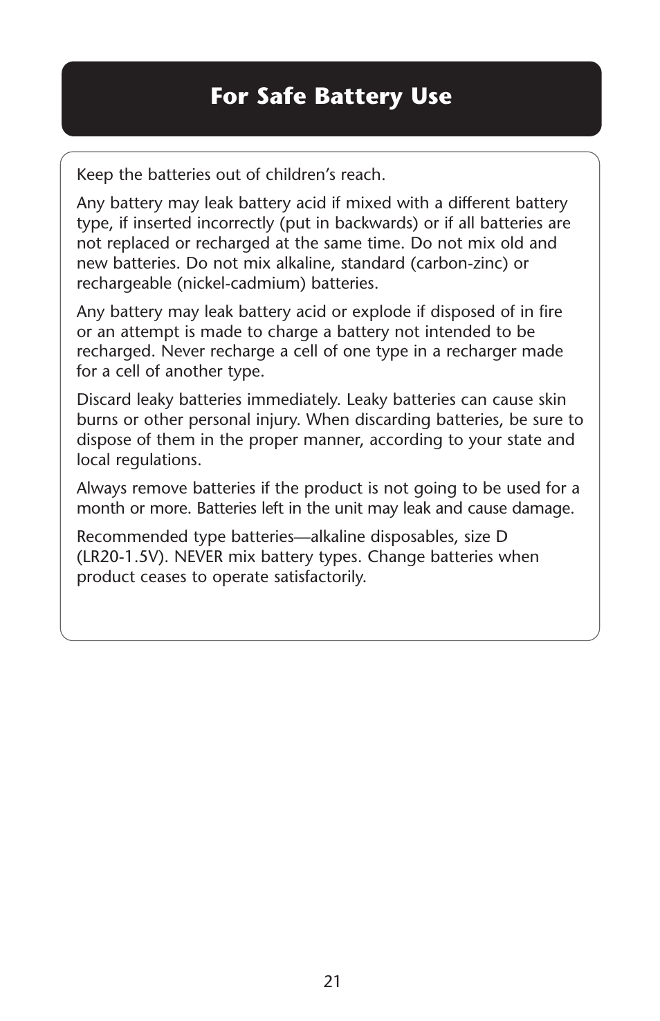 For safe battery use | Graco Lovin' Hug 1751537 User Manual | Page 21 / 48