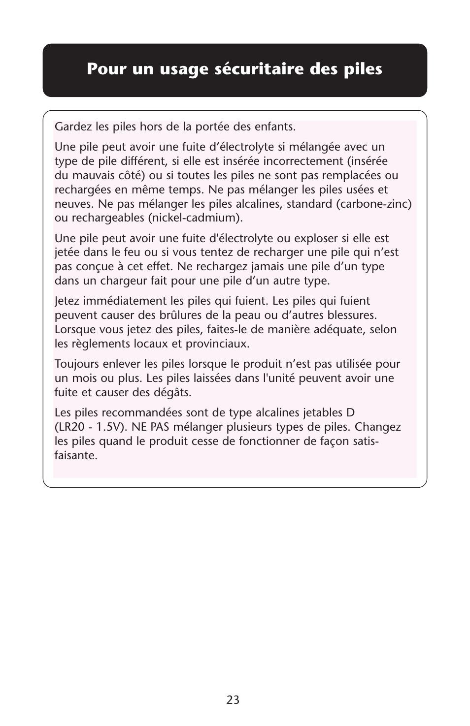 Pour un usage sécuritaire des piles | Graco Lovin' Hug 1751537 User Manual | Page 23 / 48