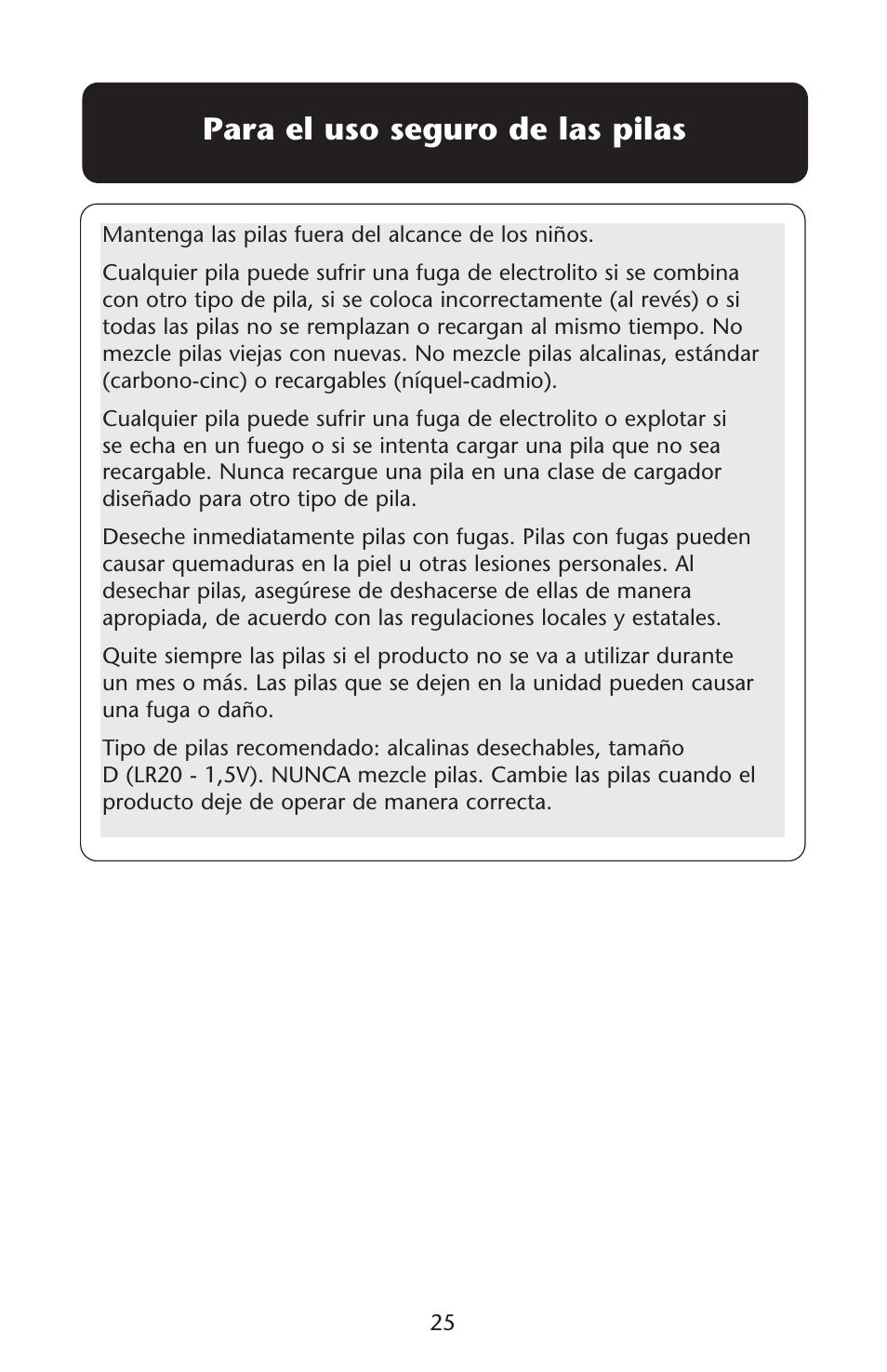 Para el uso seguro de las pilas | Graco Lovin' Hug 1751537 User Manual | Page 25 / 48