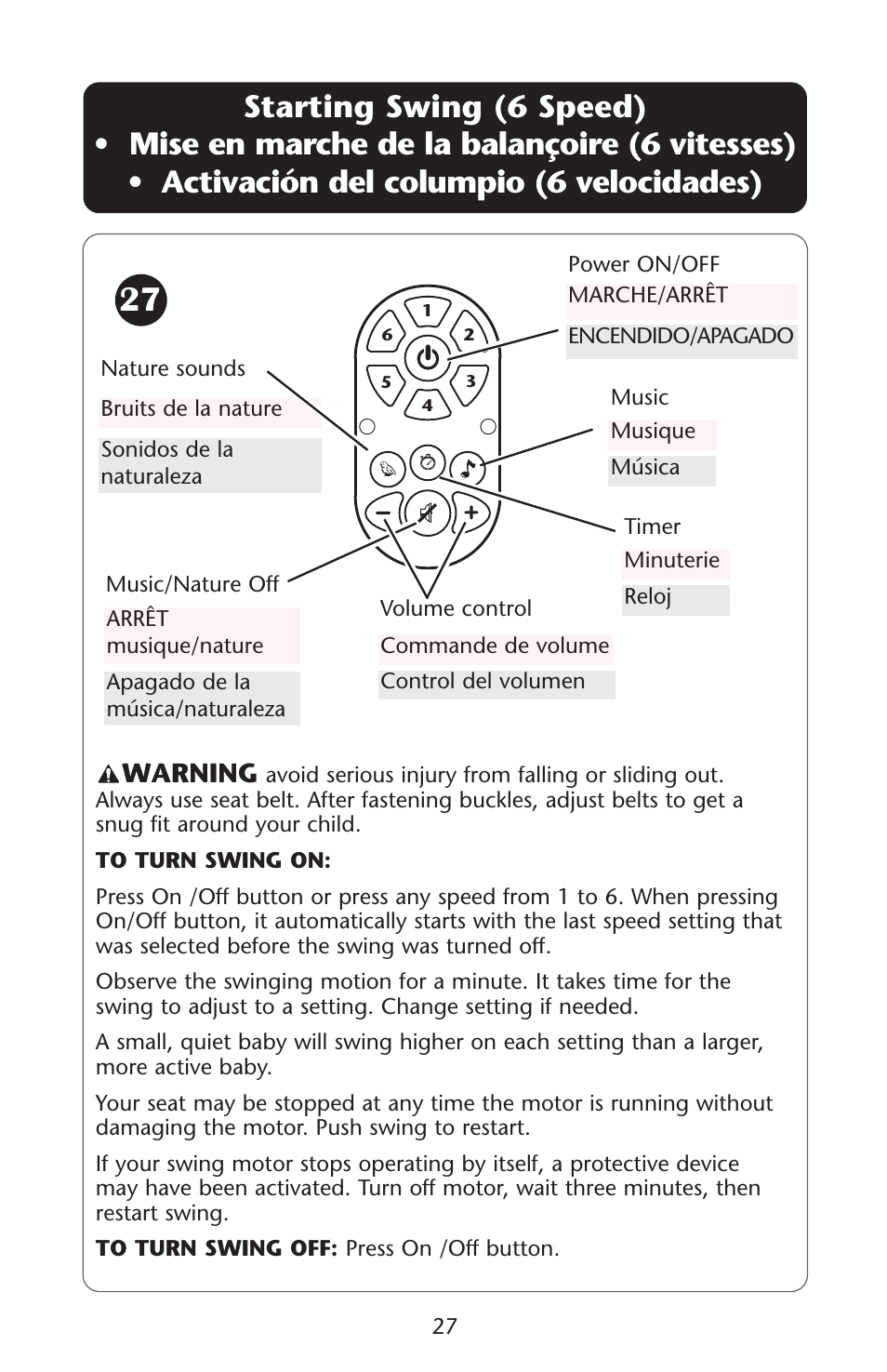 Warning | Graco Lovin' Hug 1751537 User Manual | Page 27 / 48