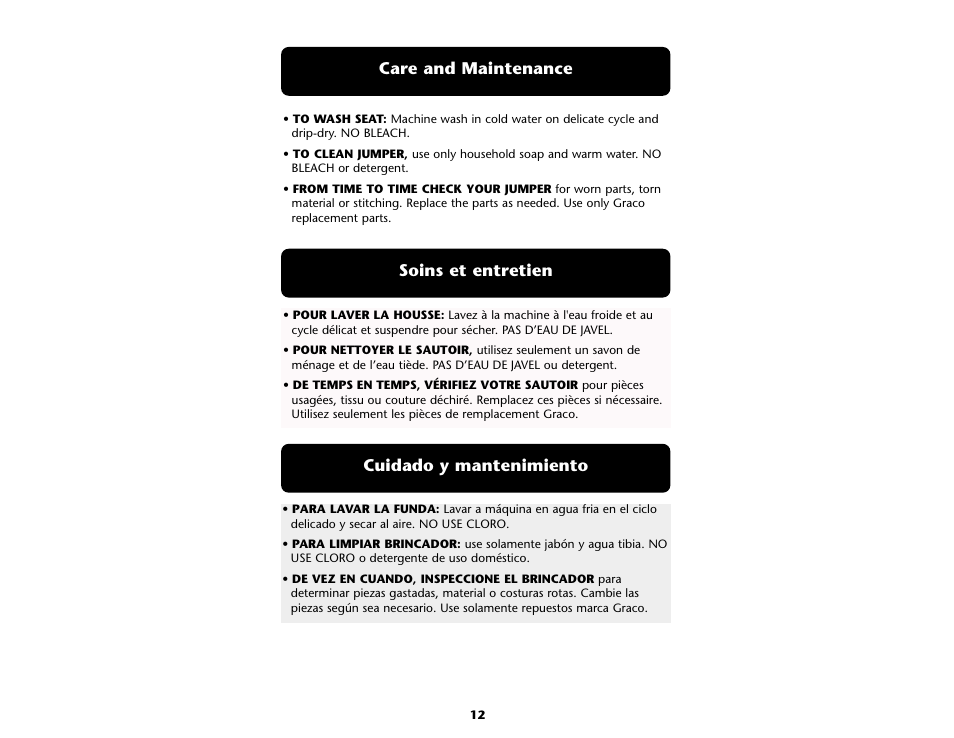 Soins et entretien care and maintenance, Cuidado y mantenimiento | Graco Bumper Jumper ISPD004AB User Manual | Page 12 / 20