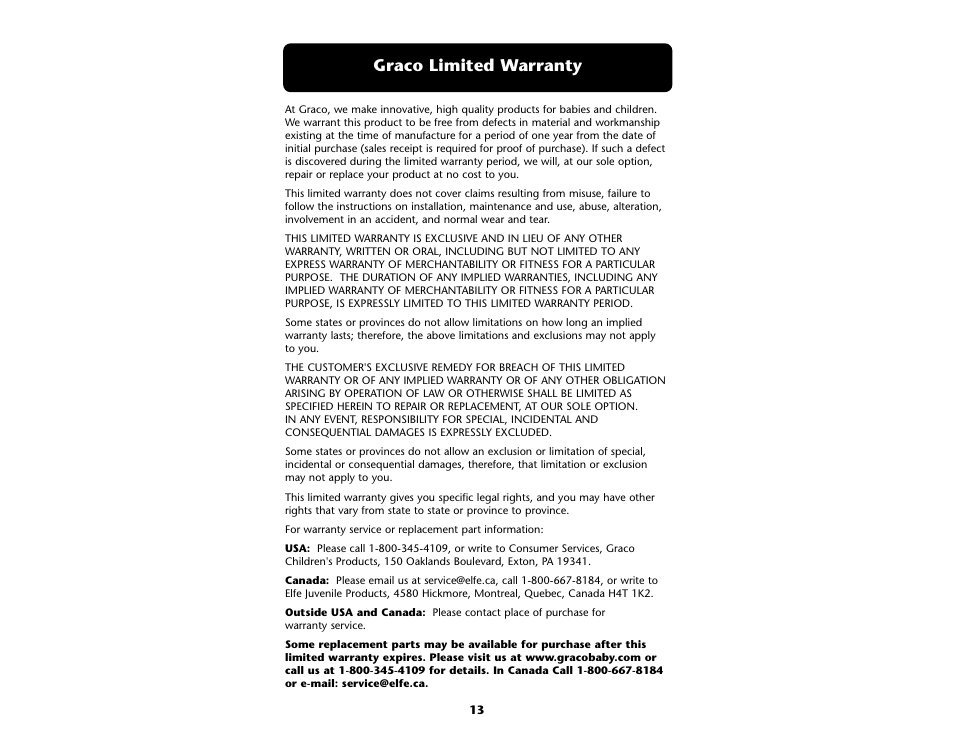 Graco limited warranty | Graco Bumper Jumper ISPD004AB User Manual | Page 13 / 20