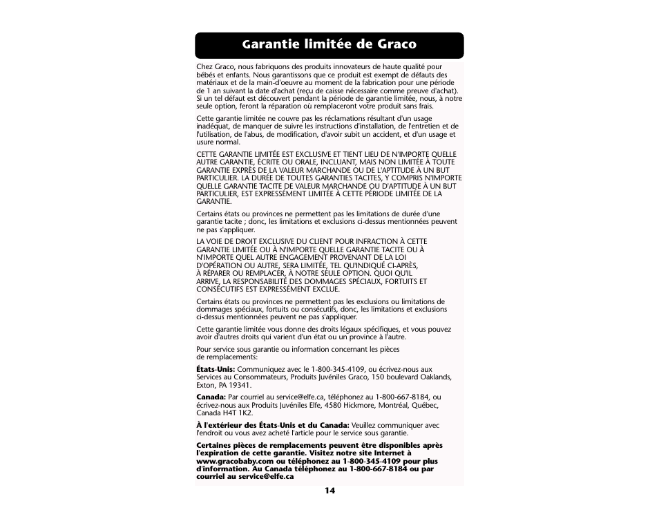 Arantie limitée de graco | Graco Bumper Jumper ISPD004AB User Manual | Page 14 / 20