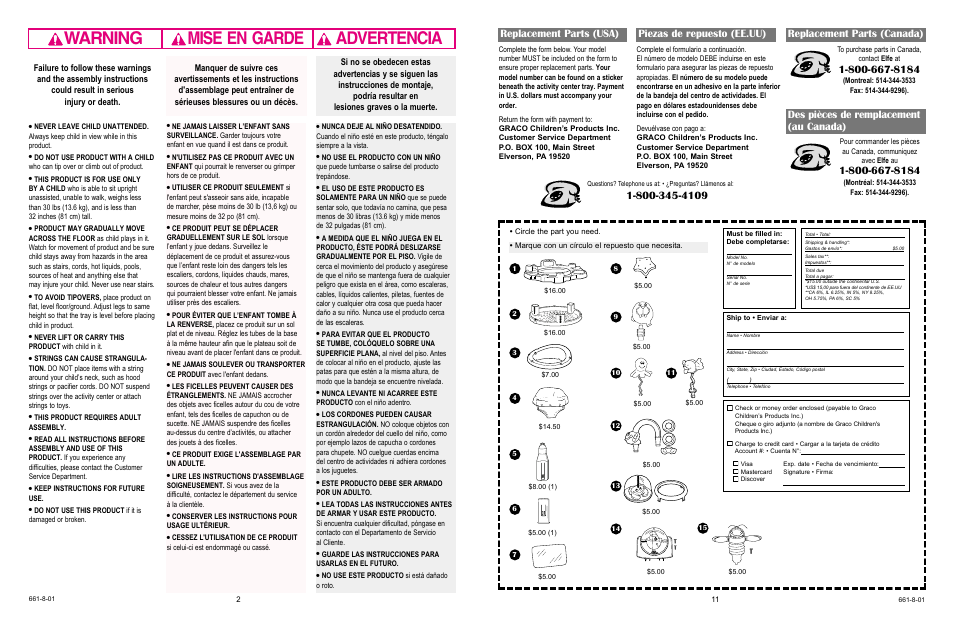 Warning advertencia mise en garde, Replacement parts (usa) piezas de repuesto (ee.uu), Replacement parts (canada) | Des pièces de remplacement (au canada) | Graco 4629 User Manual | Page 2 / 11