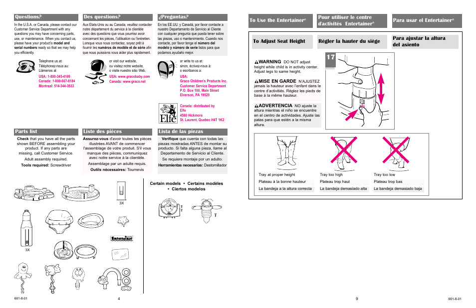 Parts list liste des pièces lista de las piezas, Pour utiliser le centre d'activités entertainer, Para usar el entertainer | Graco 4629 User Manual | Page 4 / 11