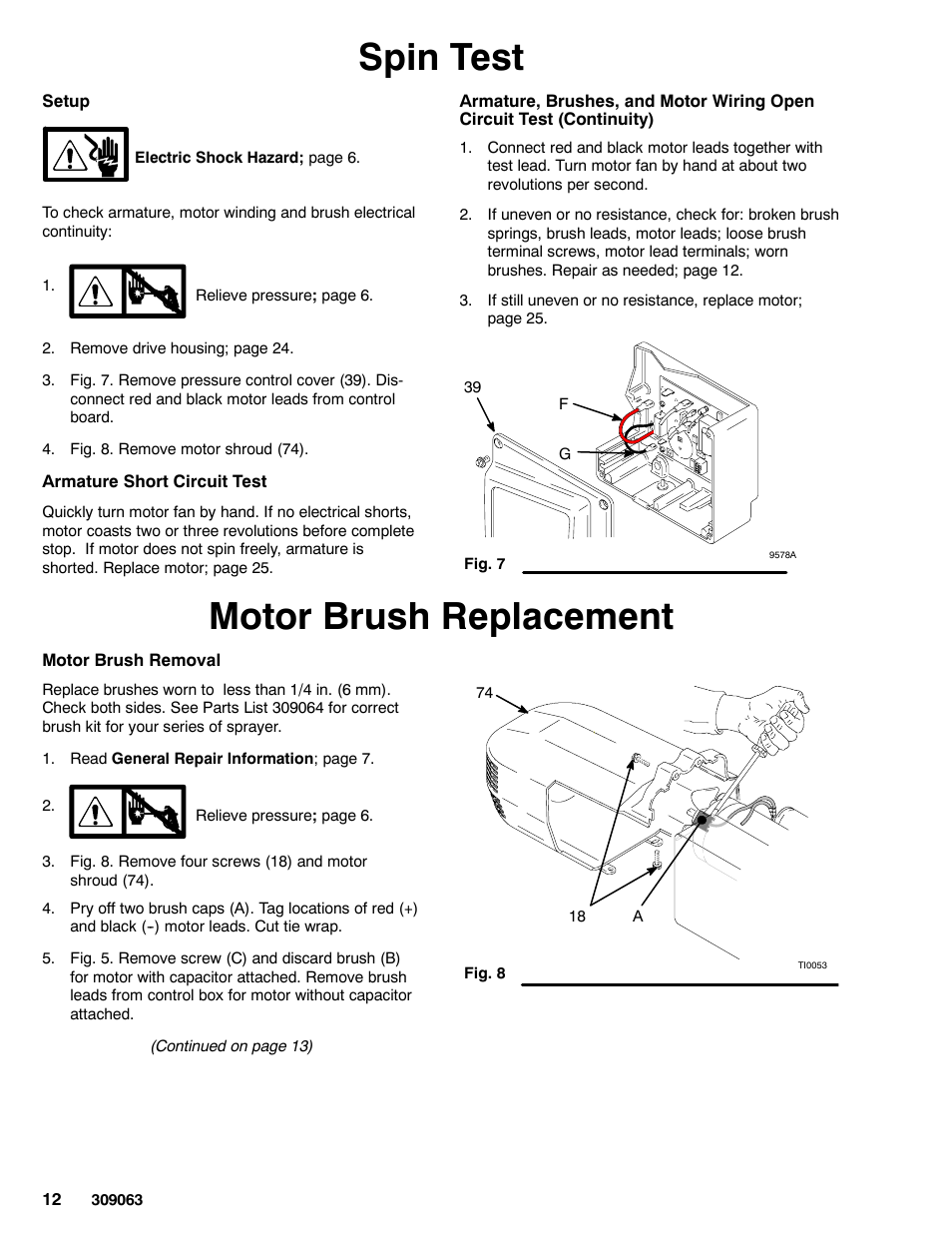 Spin test, Motor brush replacement | Graco 190ES 309063F User Manual | Page 12 / 28