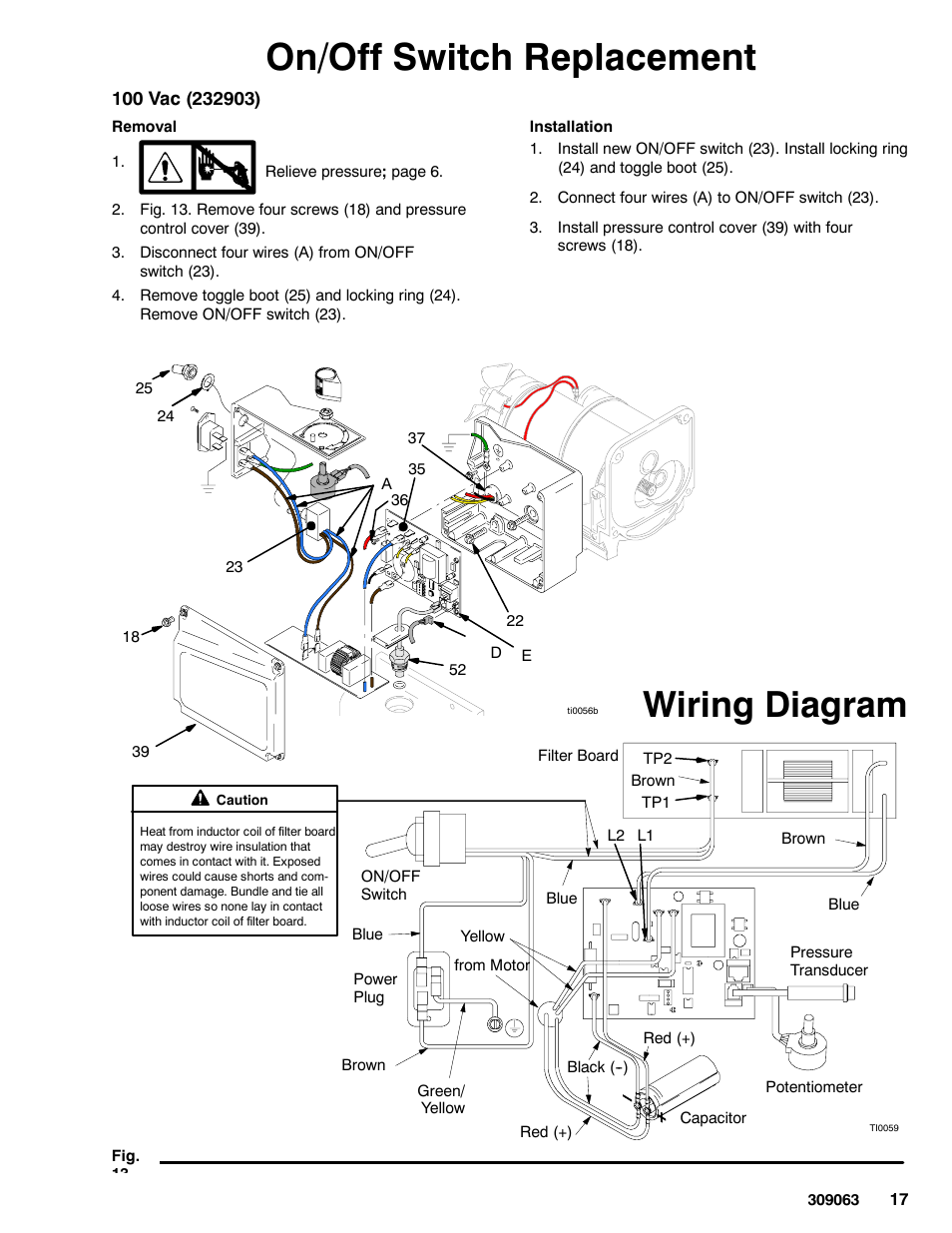 On/off switch replacement, Wiring diagram | Graco 190ES 309063F User Manual | Page 17 / 28