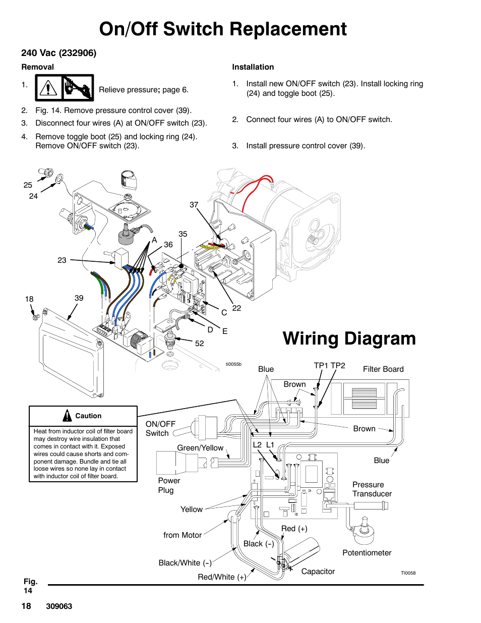 On/off switch replacement, Wiring diagram | Graco 190ES 309063F User Manual | Page 18 / 28