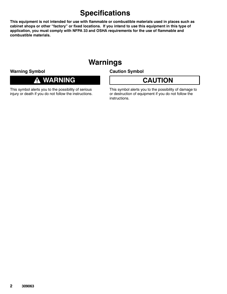 Specifications, Warnings, Warning | Caution | Graco 190ES 309063F User Manual | Page 2 / 28