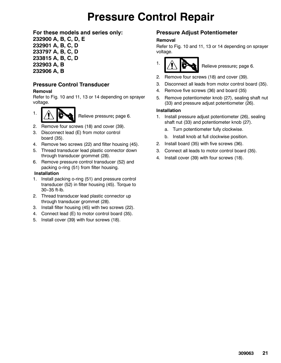 Pressure control repair | Graco 190ES 309063F User Manual | Page 21 / 28