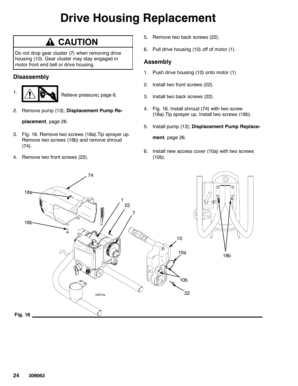 Drive housing replacement, Caution | Graco 190ES 309063F User Manual | Page 24 / 28