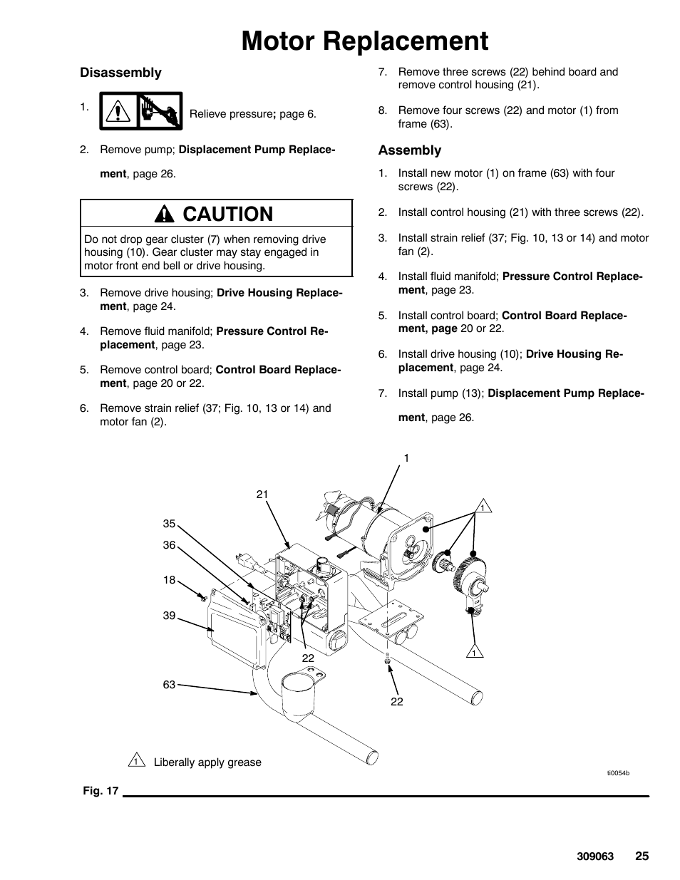 Motor replacement, Caution | Graco 190ES 309063F User Manual | Page 25 / 28