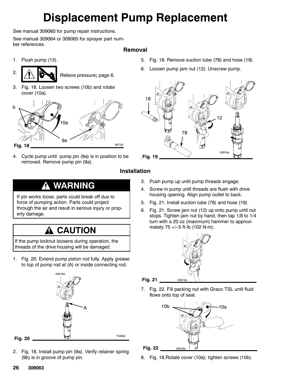Displacement pump replacement, Warning, Caution | Graco 190ES 309063F User Manual | Page 26 / 28