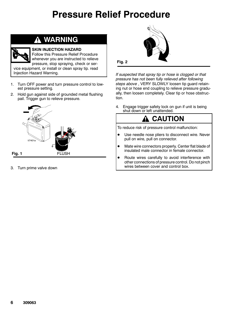 Pressure relief procedure, Warning, Caution | Graco 190ES 309063F User Manual | Page 6 / 28