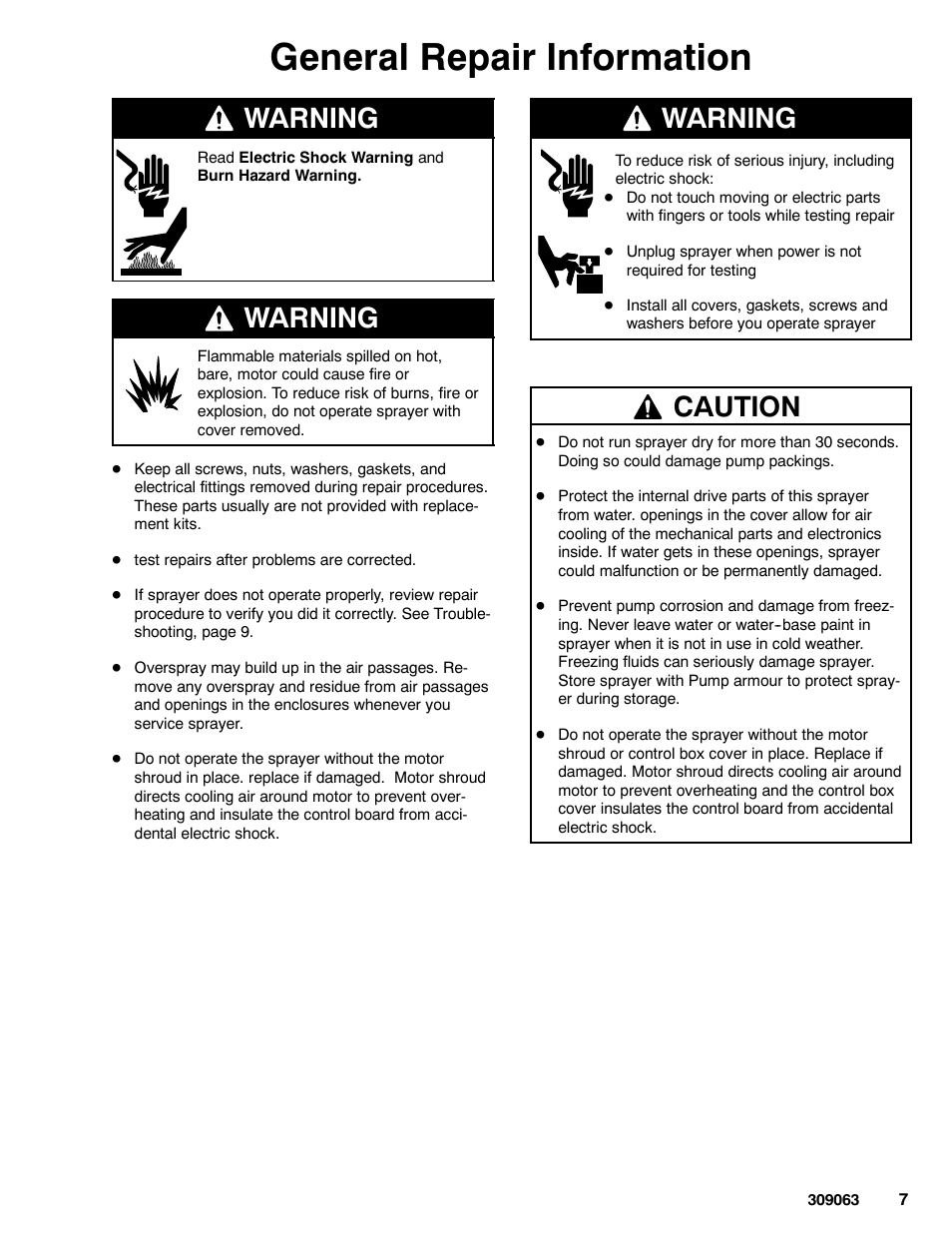 General repair information, Warning, Caution | Graco 190ES 309063F User Manual | Page 7 / 28