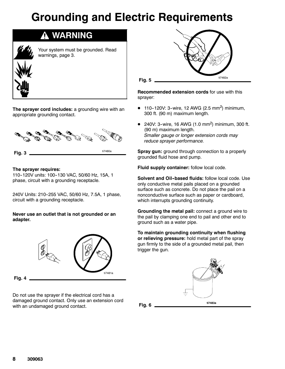 Grounding and electric requirements, Warning | Graco 190ES 309063F User Manual | Page 8 / 28