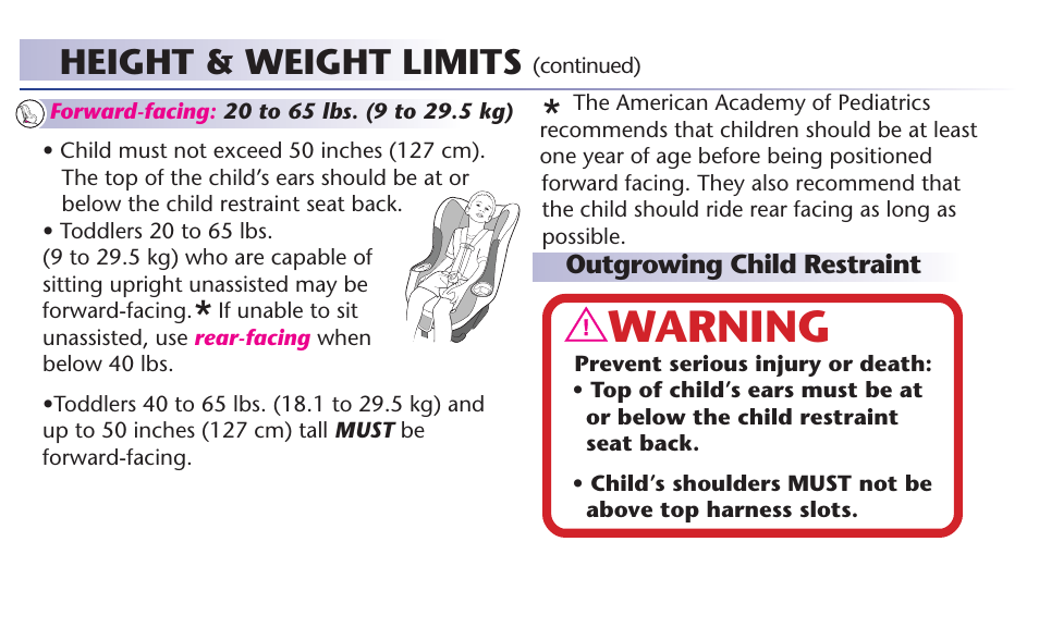 Warning, Height & weight limits | Graco 65 User Manual | Page 14 / 104