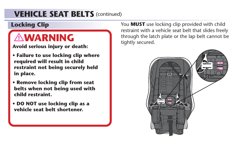 Warning, Vehicle seat belts | Graco 65 User Manual | Page 45 / 104