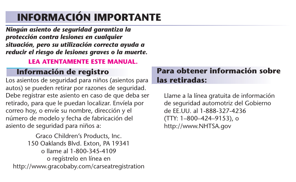 Información importante | Graco 65 User Manual | Page 56 / 104