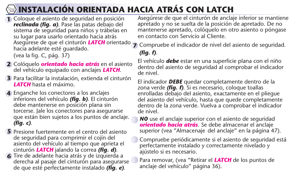 Instalación orientada hacia atrás con latch | Graco 65 User Manual | Page 68 / 104