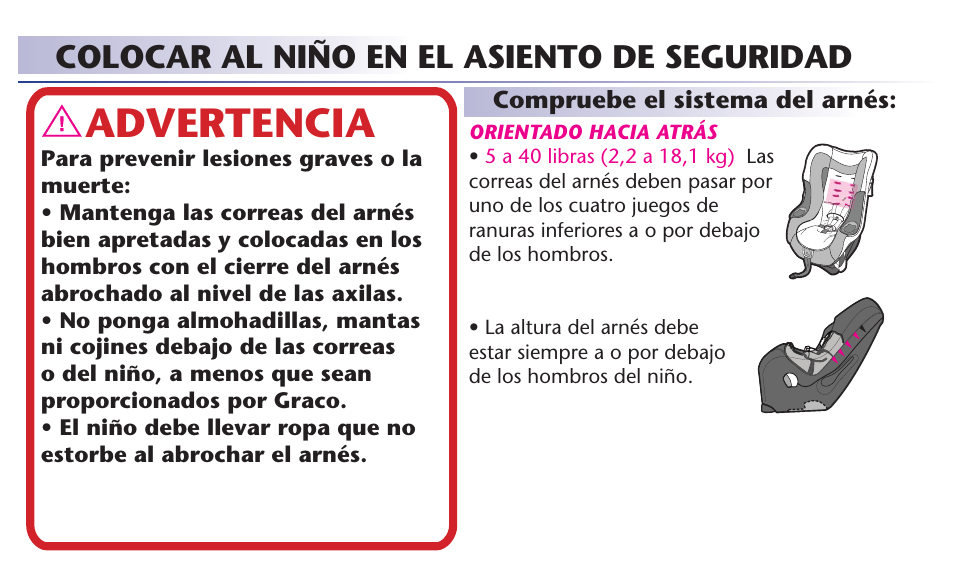 Advertencia, Colocar al niño en el asiento de seguridad | Graco 65 User Manual | Page 76 / 104