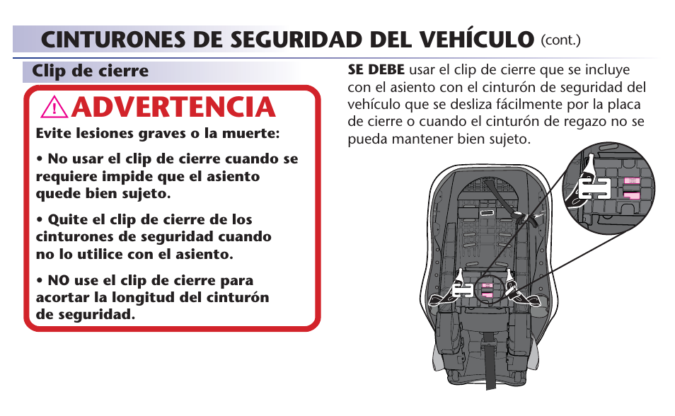 Advertencia, Cinturones de seguridad del vehículo | Graco 65 User Manual | Page 97 / 104