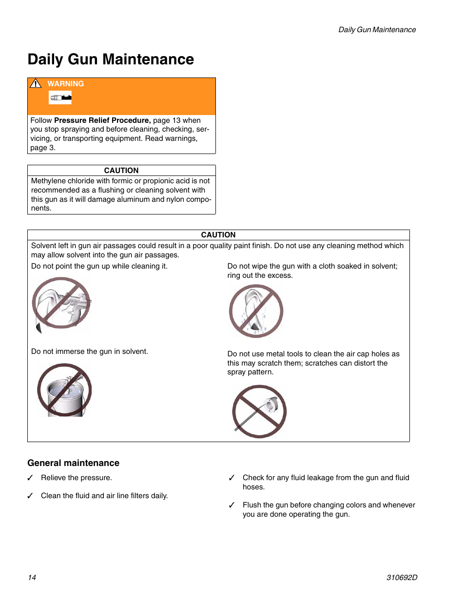 Daily gun maintenance | Graco DELTA SPRAY XT GUN 310692D User Manual | Page 14 / 34