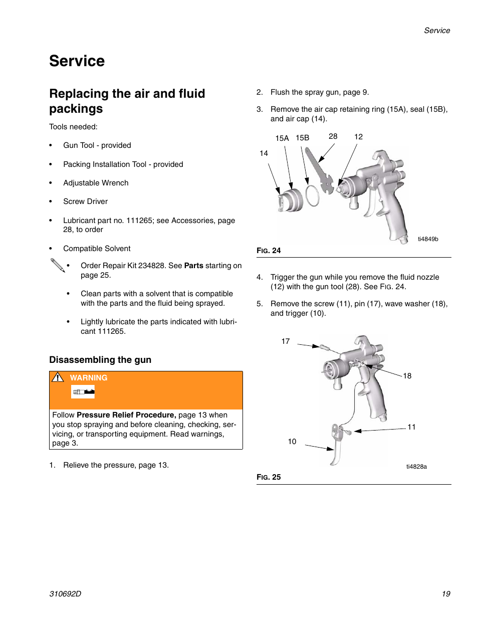 Service, Replacing the air and fluid packings | Graco DELTA SPRAY XT GUN 310692D User Manual | Page 19 / 34