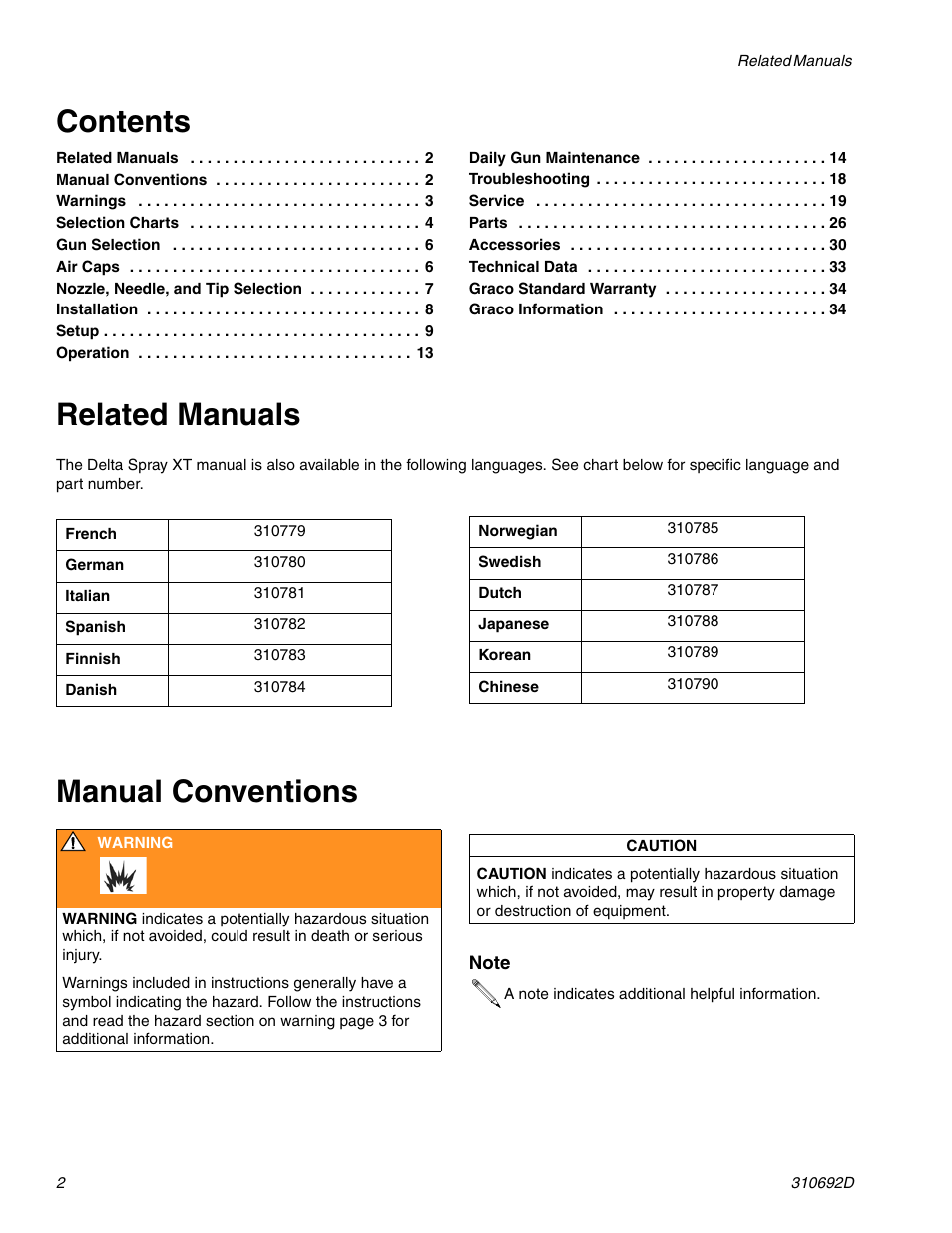 Graco DELTA SPRAY XT GUN 310692D User Manual | Page 2 / 34