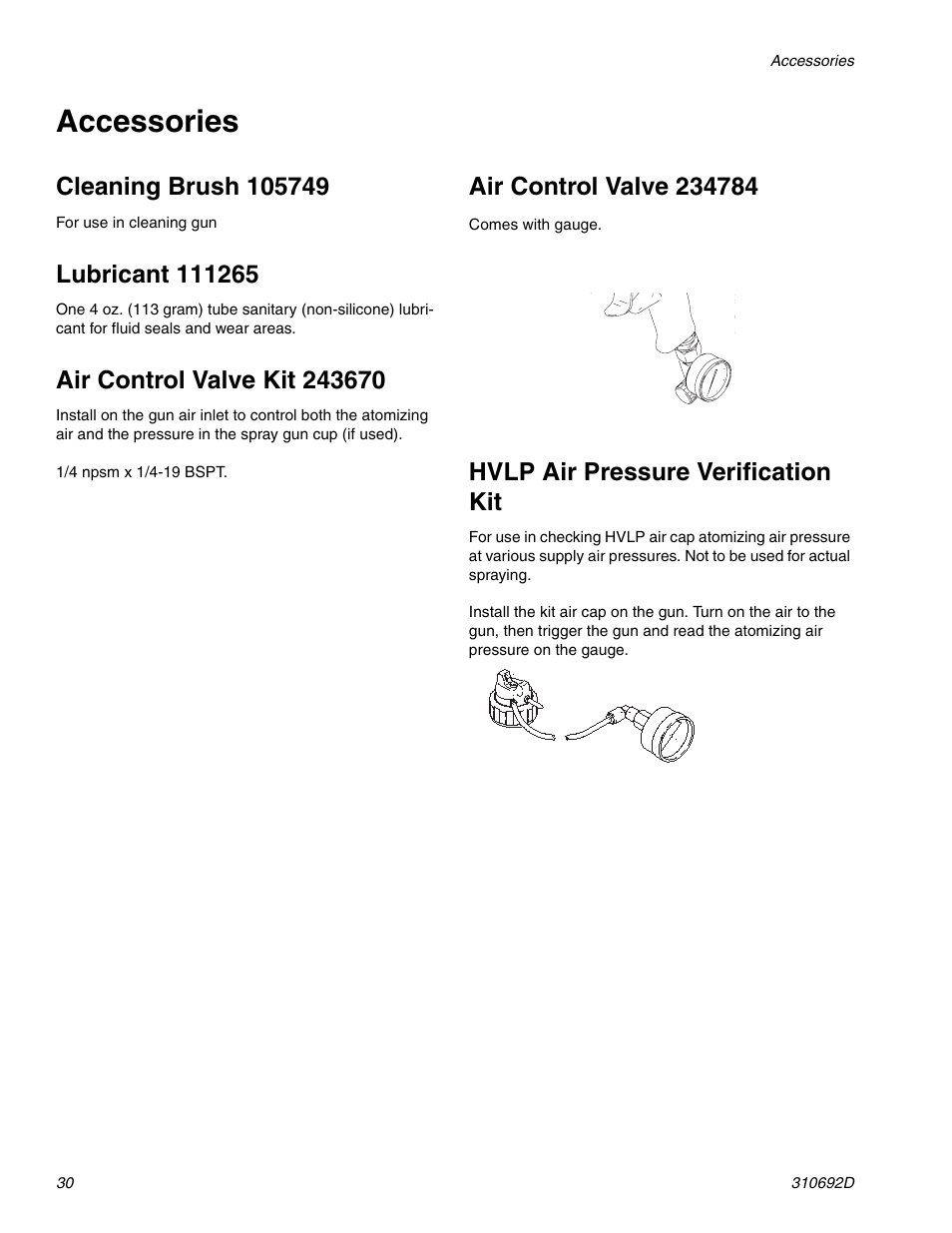 Accessories, Hvlp air pressure verification kit | Graco DELTA SPRAY XT GUN 310692D User Manual | Page 30 / 34