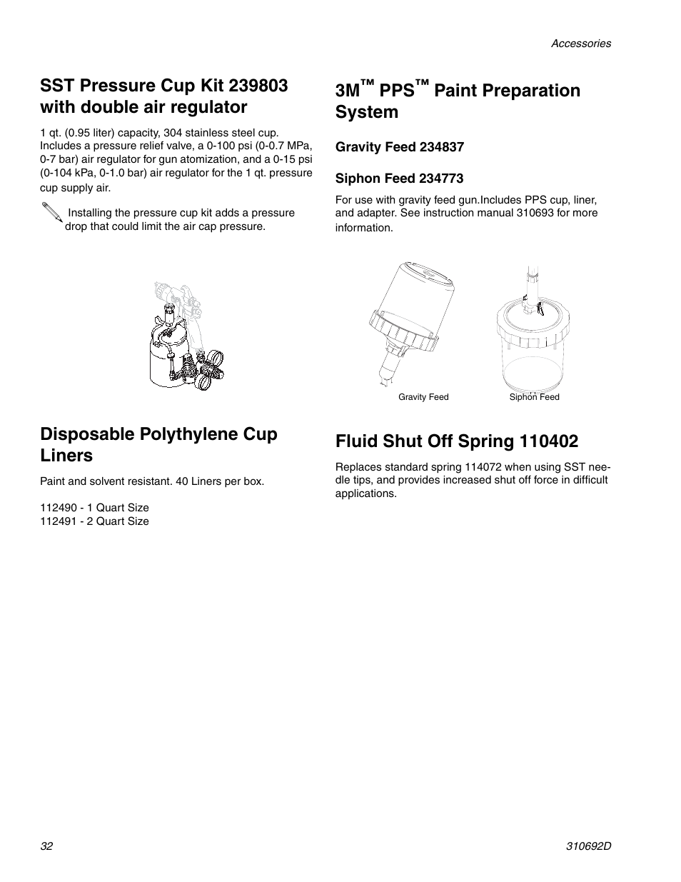 Disposable polythylene cup liners, Paint preparation system | Graco DELTA SPRAY XT GUN 310692D User Manual | Page 32 / 34
