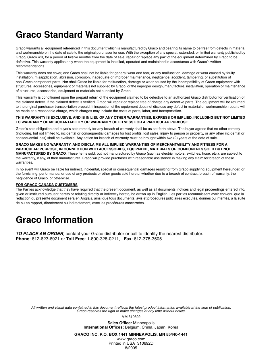 Graco standard warranty, Graco information | Graco DELTA SPRAY XT GUN 310692D User Manual | Page 34 / 34