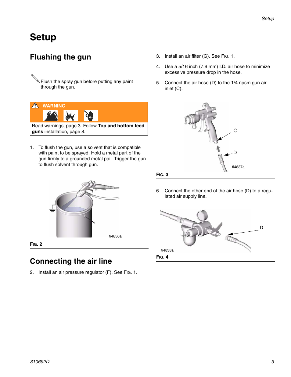 Setup, Flushing the gun, Connecting the air line | Graco DELTA SPRAY XT GUN 310692D User Manual | Page 9 / 34