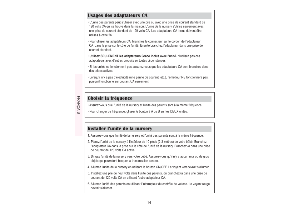 Usages des adaptateurs ca, Choisir la fréquence, Installer l’unité de la nursery | Graco UltraClear 2755 User Manual | Page 14 / 24