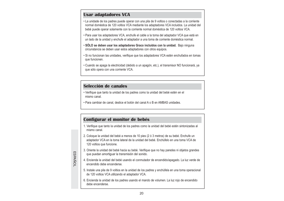 Usar adaptadores vca, Selección de canales, Configurar el monitor de bebés | Graco UltraClear 2755 User Manual | Page 20 / 24