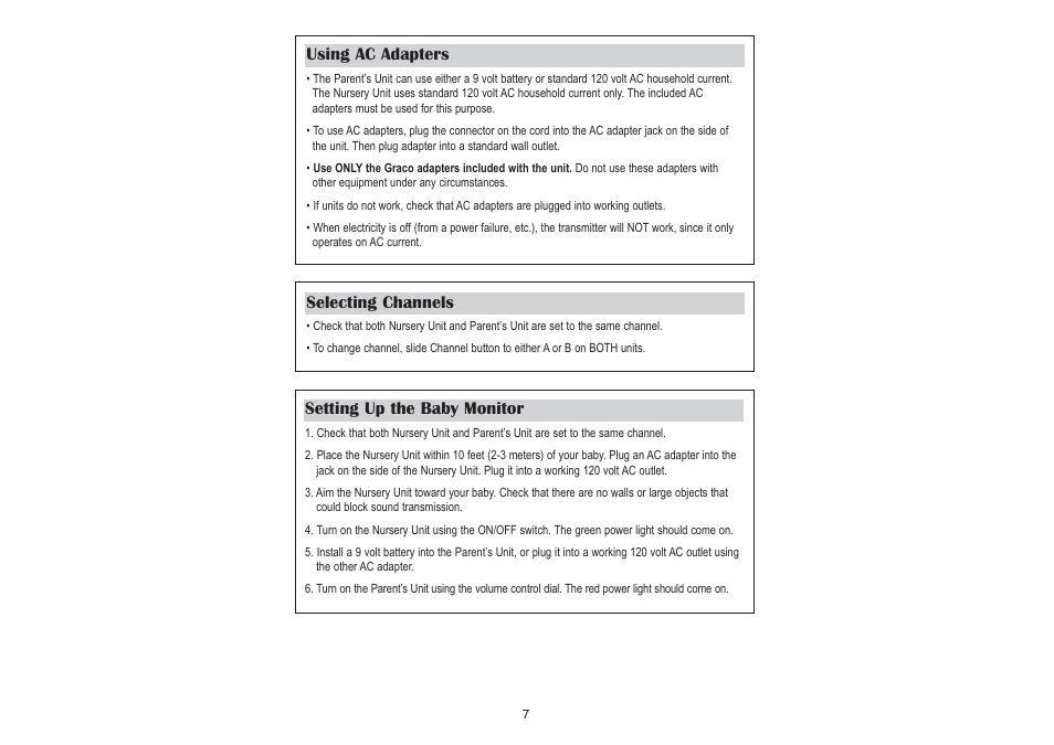 Using ac adapters selecting channels, Setting up the baby monitor | Graco UltraClear 2755 User Manual | Page 7 / 24