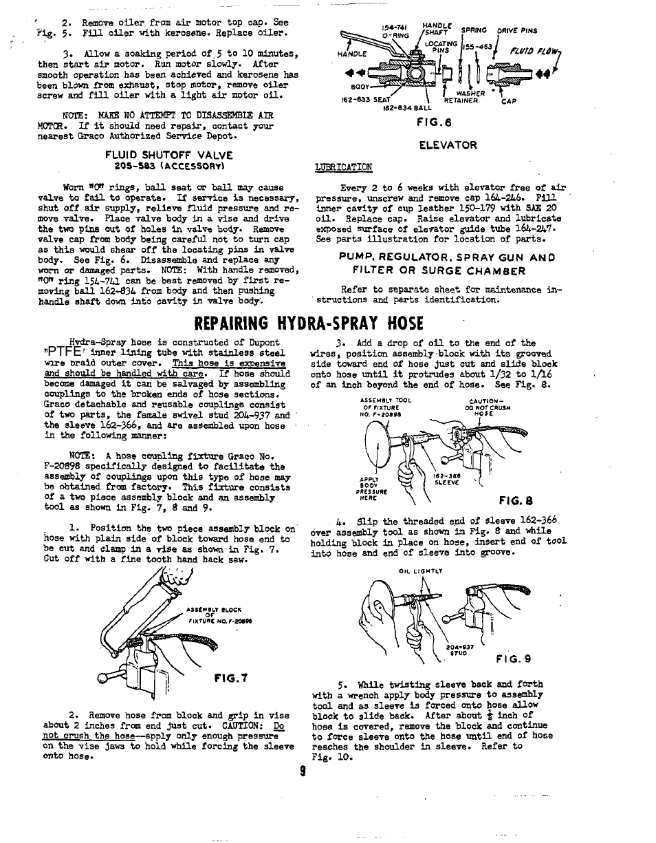 Fluid shutoff valve, Repairing hydra-spray hose | Graco 226-167 SERIES"A" User Manual | Page 9 / 9